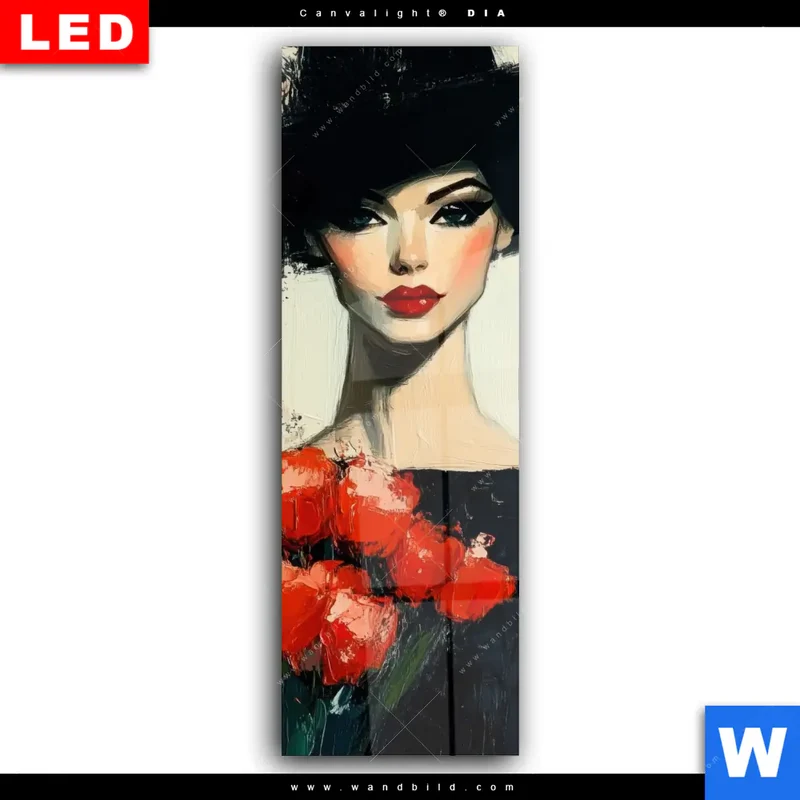 Wechselmotiv Acrylglas Canvalight® DIA | Dame mit roten Tulpen | Schmal