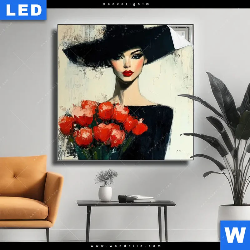 Canvalight® Leuchtbild | Dame mit roten Tulpen | Quadrat
