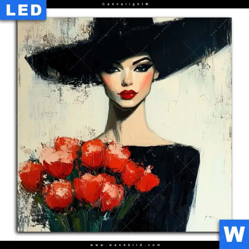 Canvalight® Leuchtbild | Dame mit roten Tulpen | Quadrat