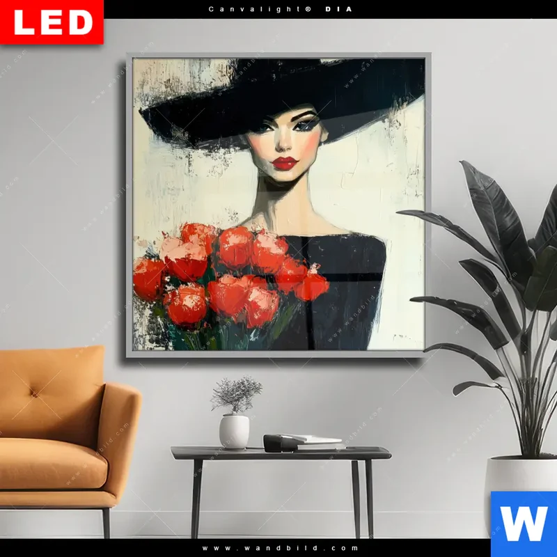 Wechselmotiv Acrylglas Canvalight® DIA | Dame mit roten Tulpen | Quadrat