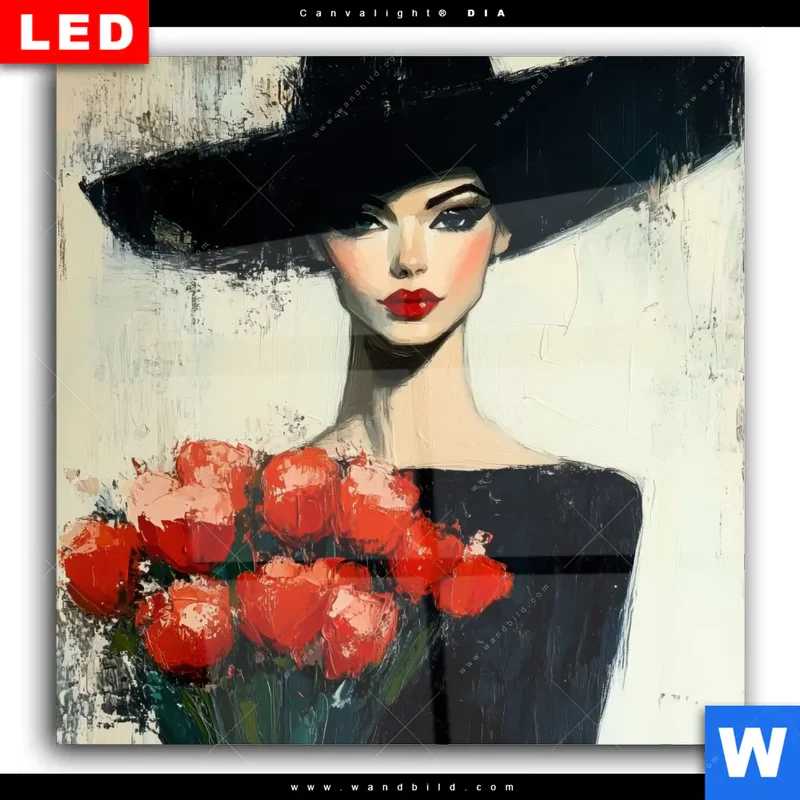 Wechselmotiv Acrylglas Canvalight® DIA | Dame mit roten Tulpen | Quadrat