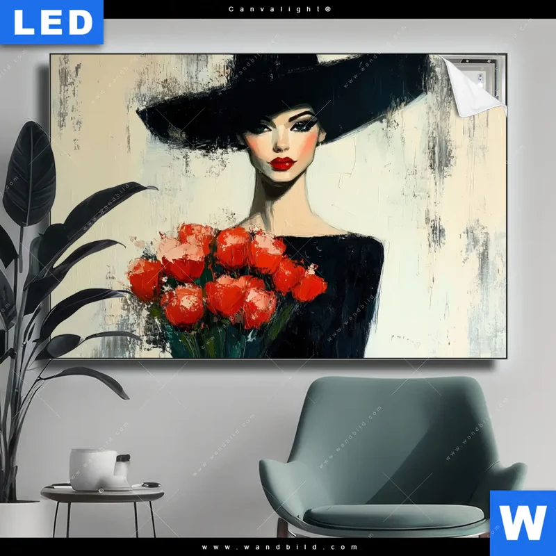 Canvalight® Leuchtbild | Dame mit roten Tulpen | Querformat