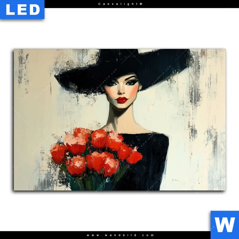 Canvalight® Leuchtbild | Dame mit roten Tulpen | Querformat