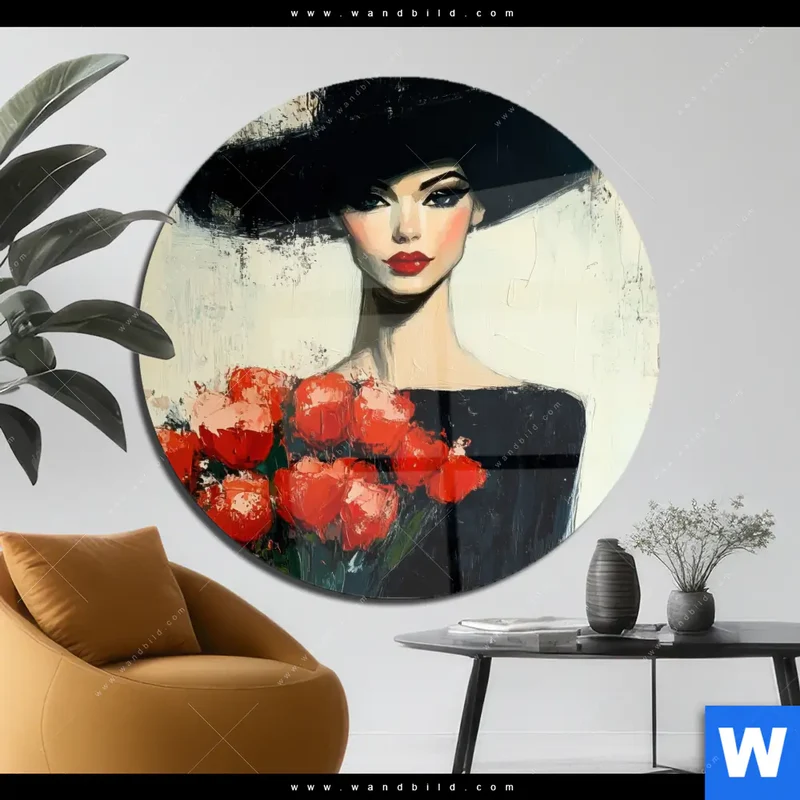 Acrylglasbild | Dame mit roten Tulpen | Rund