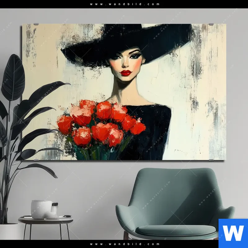 Alu-Dibond Bild | Dame mit roten Tulpen | Querformat