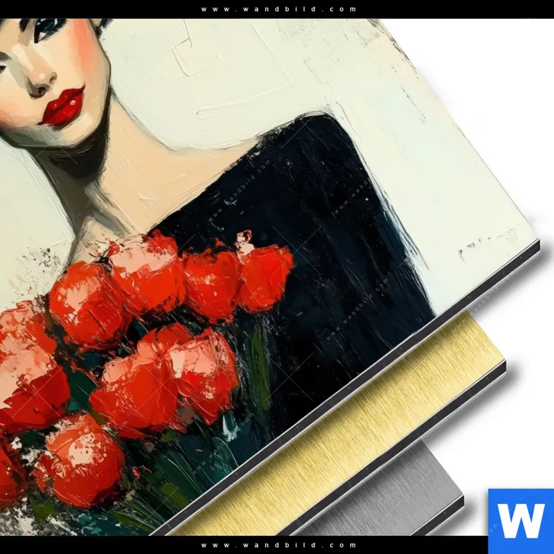 Aluminiumbild gebürstet | Dame mit roten Tulpen | Quadrat