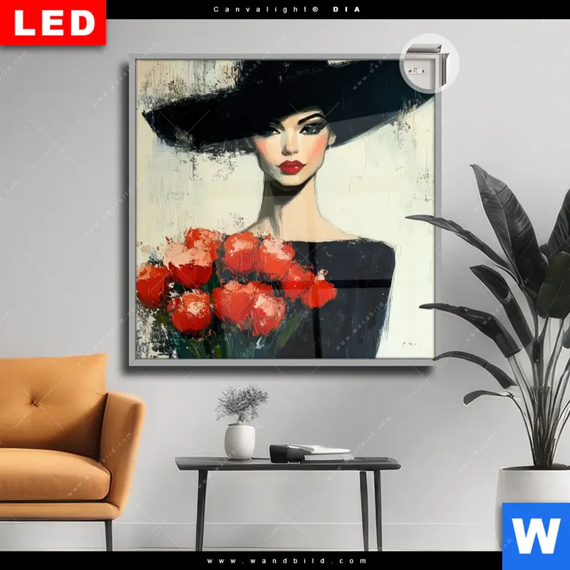 Leuchtbild Acrylglas Canvalight® DIA | Dame mit roten Tulpen | Quadrat