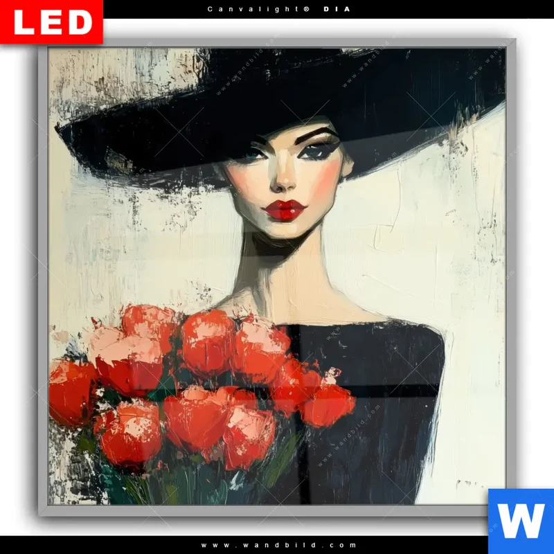 Leuchtbild Acrylglas Canvalight® DIA | Dame mit roten Tulpen | Quadrat
