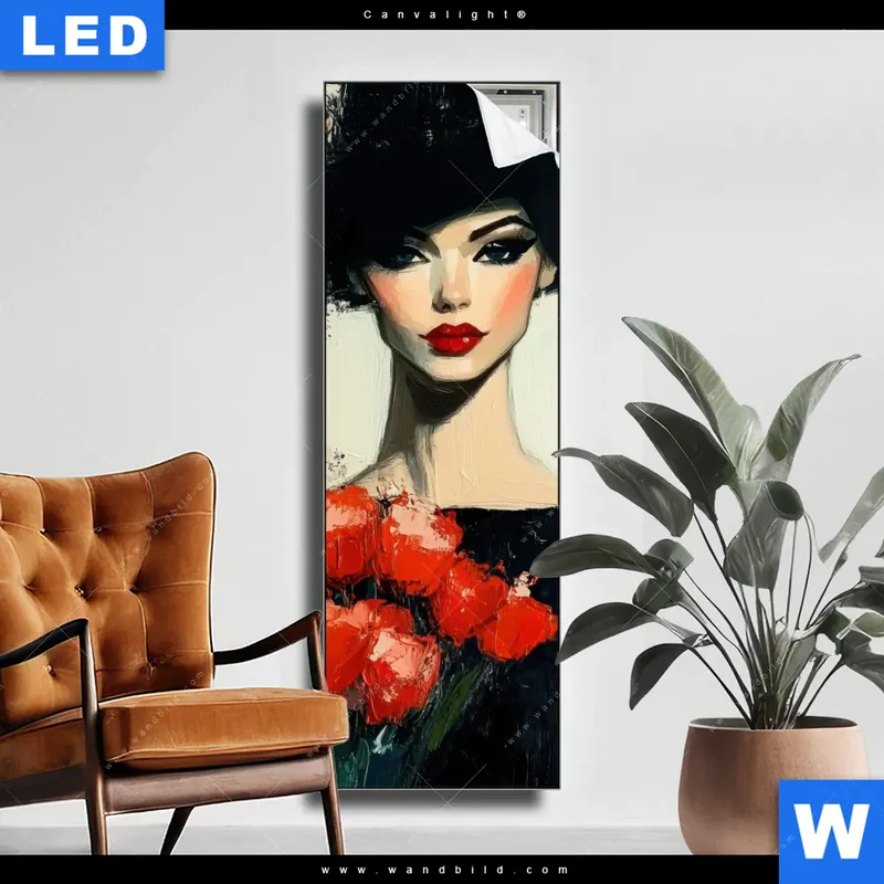 Canvalight® Leuchtbild | Dame mit roten Tulpen | Schmal