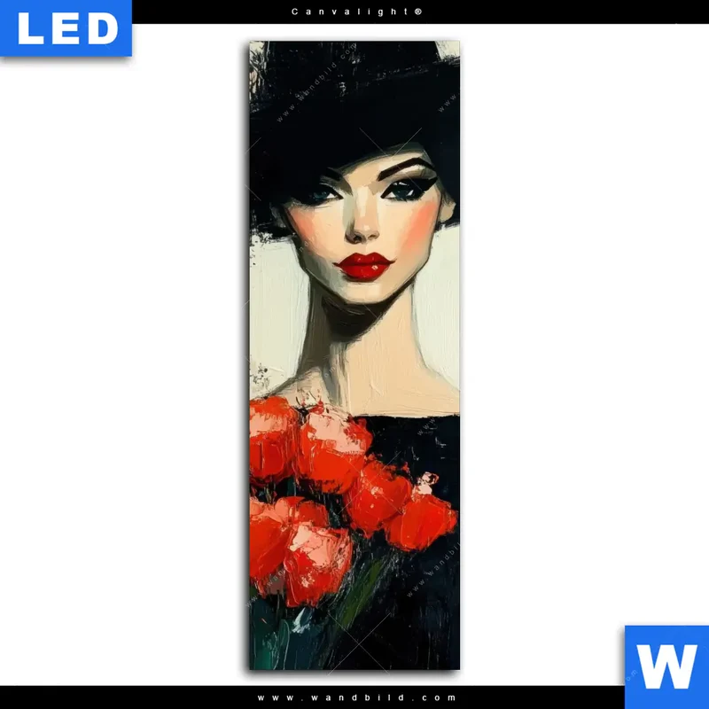Canvalight® Leuchtbild | Dame mit roten Tulpen | Schmal