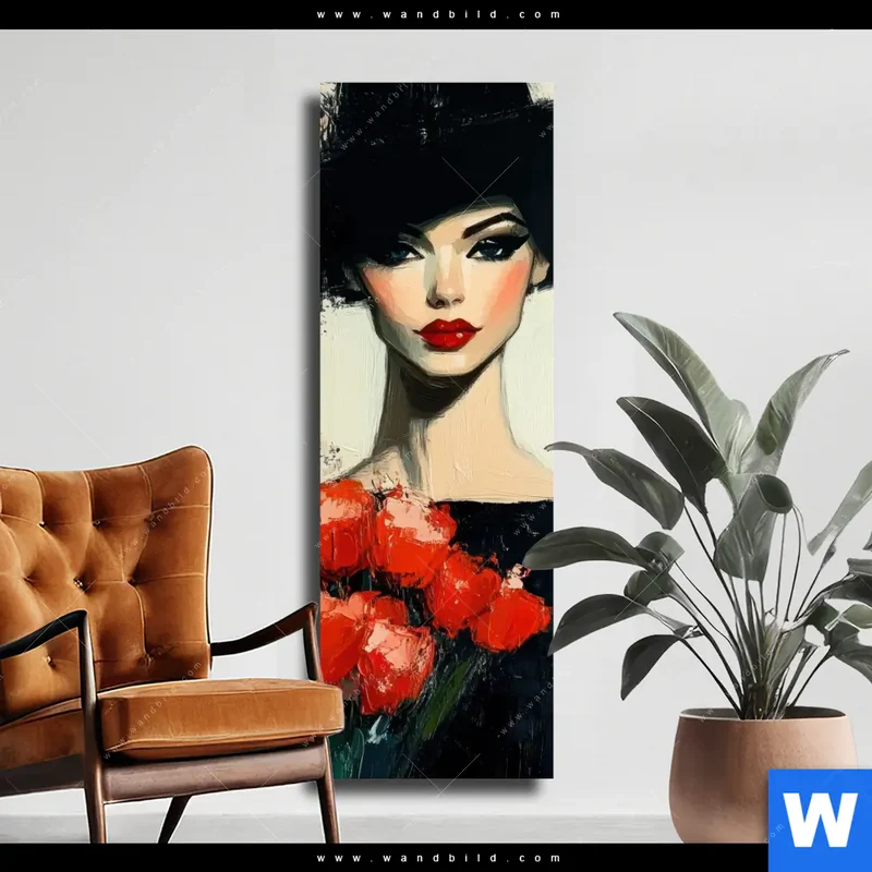 Leinwandbild | Dame mit roten Tulpen | Schmal