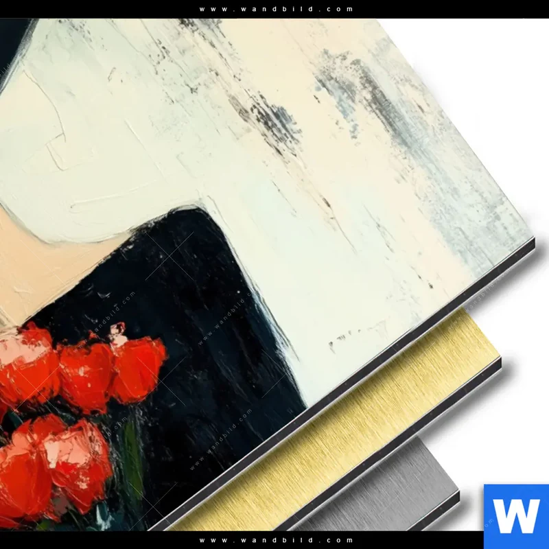 Aluminiumbild gebürstet | Dame mit roten Tulpen | Querformat