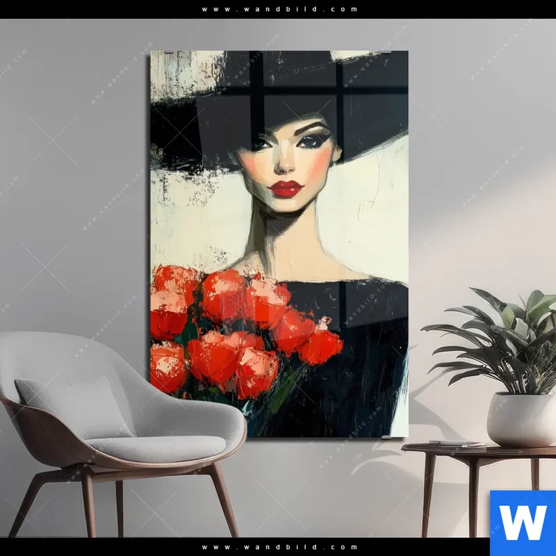 Acrylglasbild | Dame mit roten Tulpen | Hochformat