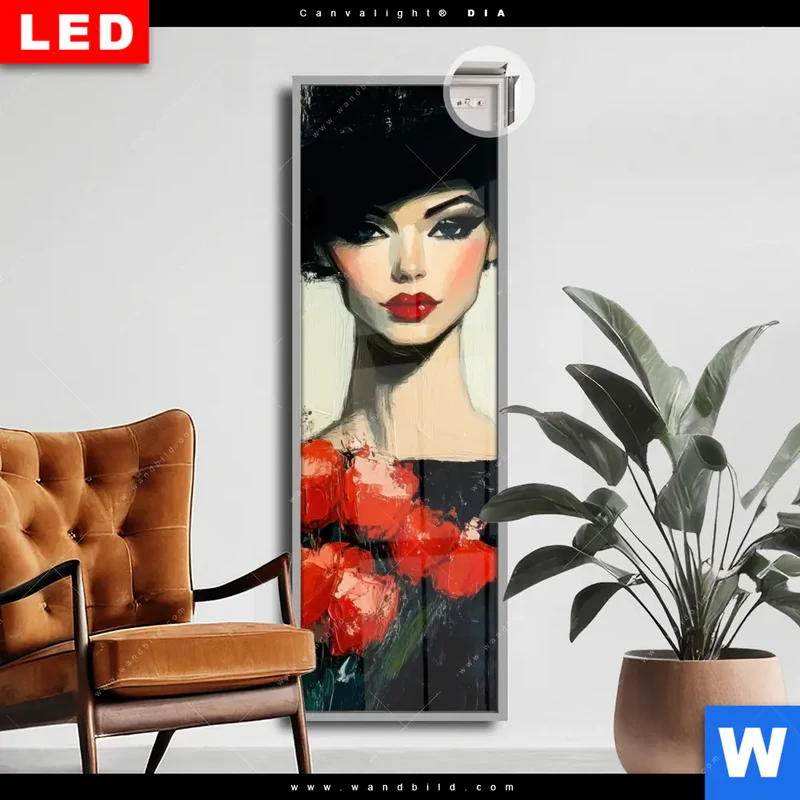 Leuchtbild Acrylglas Canvalight® DIA | Dame mit roten Tulpen | Schmal