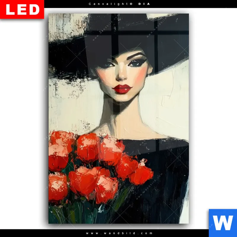 Wechselmotiv Acrylglas Canvalight® DIA | Dame mit roten Tulpen | Hochformat