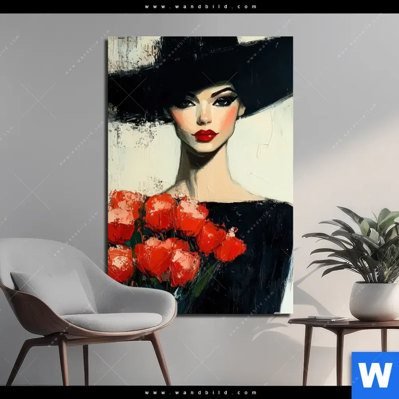 Alu-Dibond Bild | Dame mit roten Tulpen | Hochformat