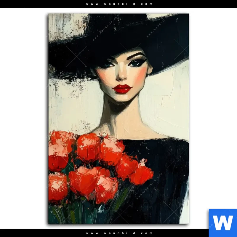 Alu-Dibond Bild | Dame mit roten Tulpen | Hochformat