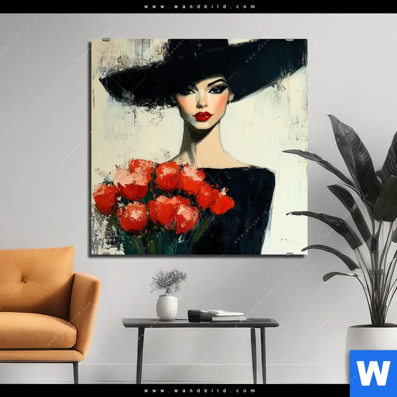 Alu-Dibond Bild | Dame mit roten Tulpen | Quadrat