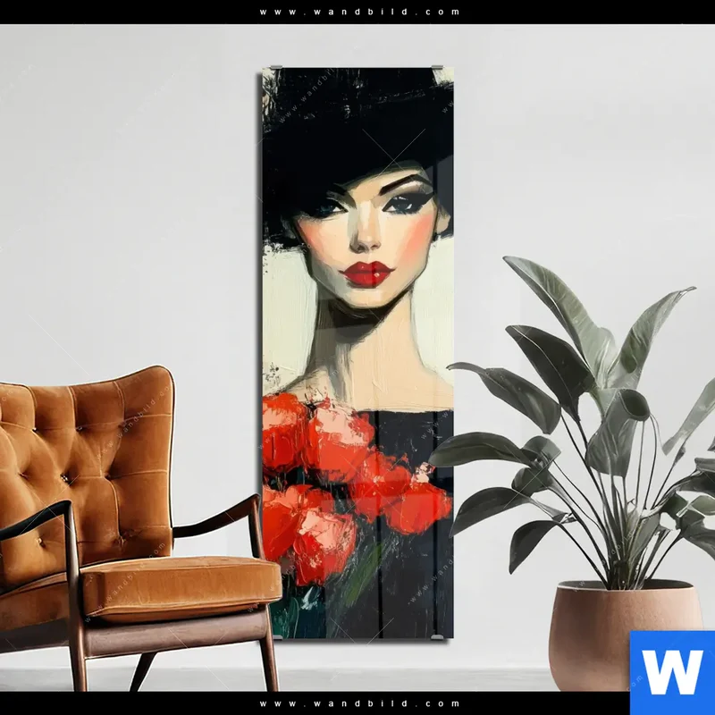 Acrylglasbild | Dame mit roten Tulpen | Schmal