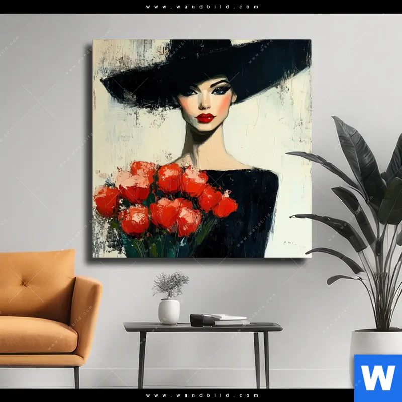 Leinwandbild | Dame mit roten Tulpen | Quadrat