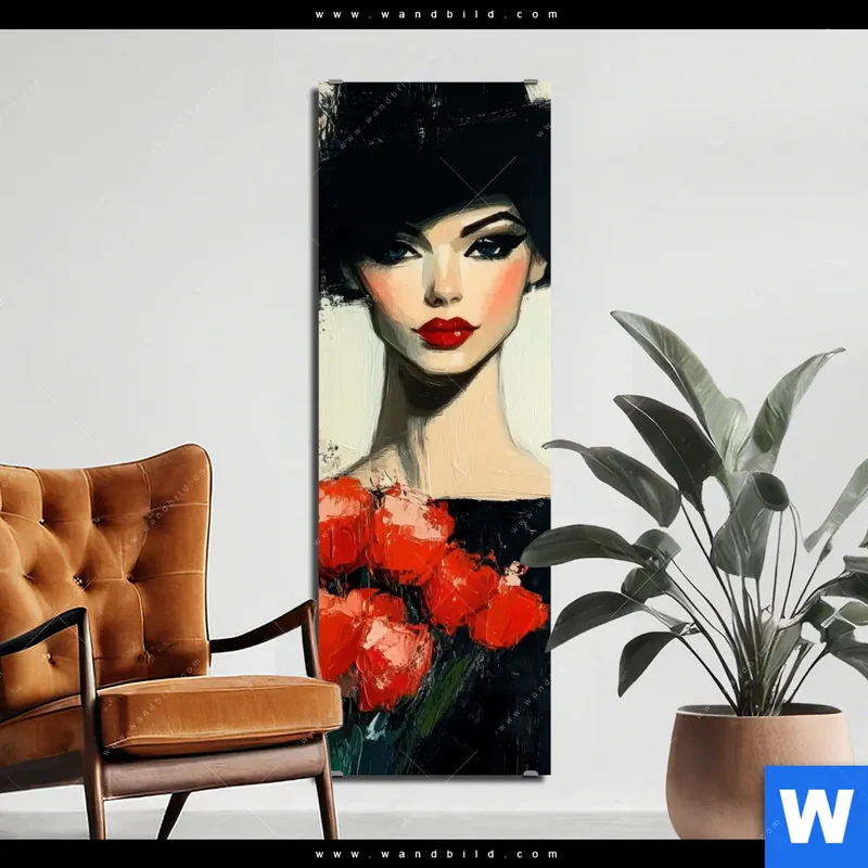 Aluminiumbild gebürstet | Dame mit roten Tulpen | Schmal