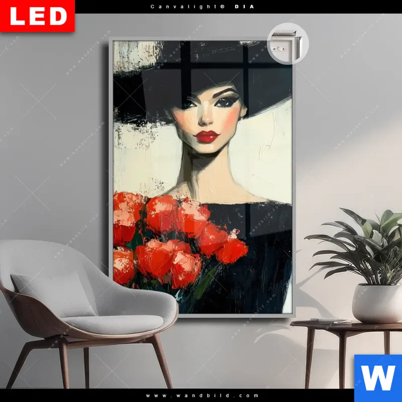 Leuchtbild Acrylglas Canvalight® DIA | Dame mit roten Tulpen | Hochformat