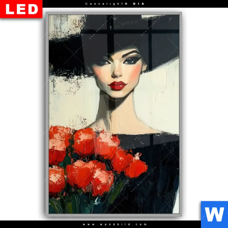 Leuchtbild Acrylglas Canvalight® DIA | Dame mit roten Tulpen | Hochformat