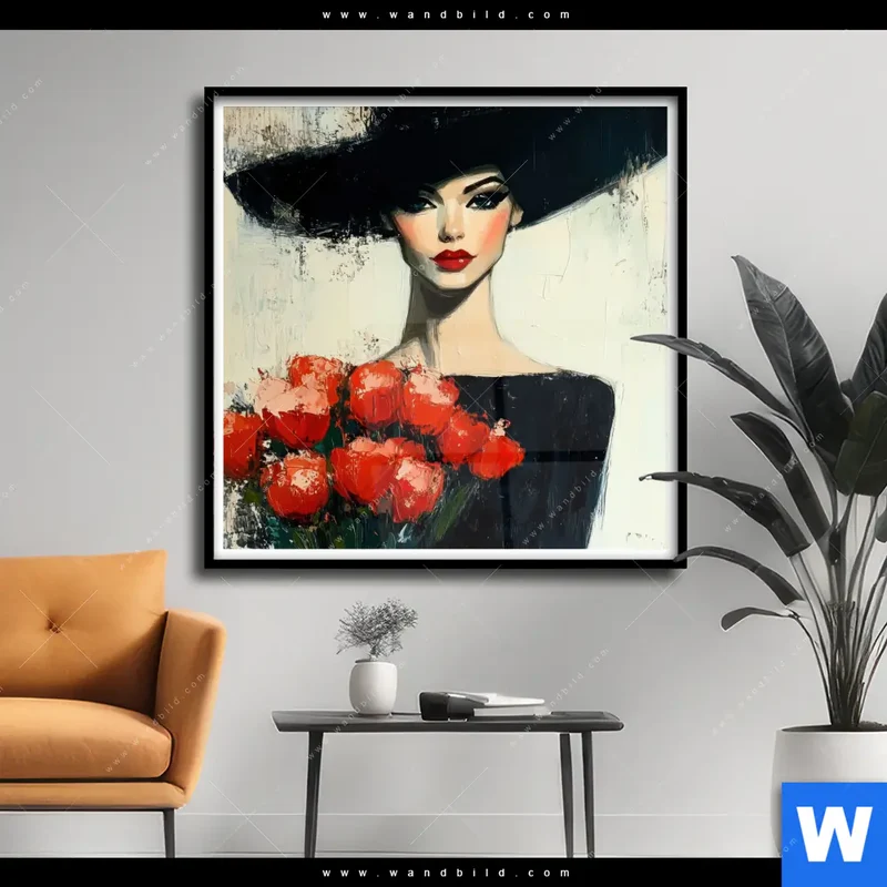 Poster | Dame mit roten Tulpen | Quadrat