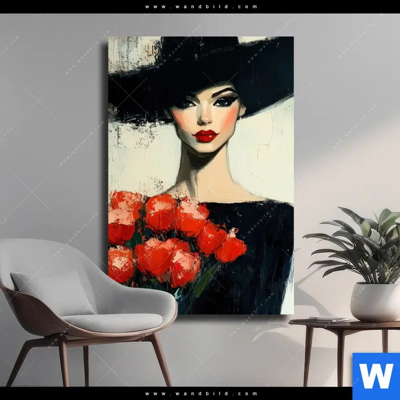 Leinwandbild | Dame mit roten Tulpen | Hochformat