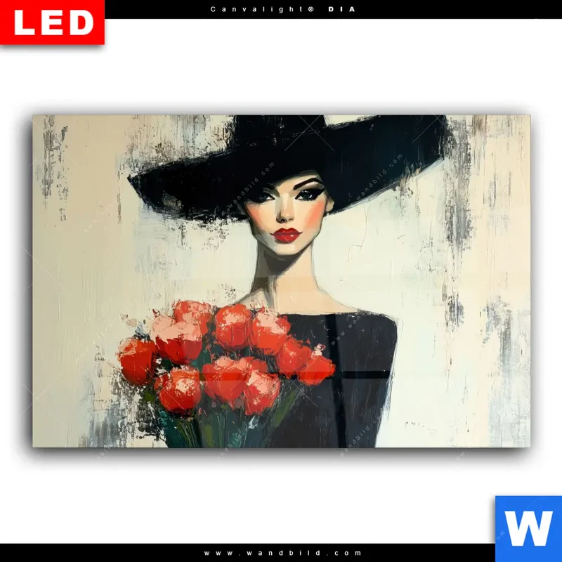 Wechselmotiv Acrylglas Canvalight® DIA | Dame mit roten Tulpen | Querformat