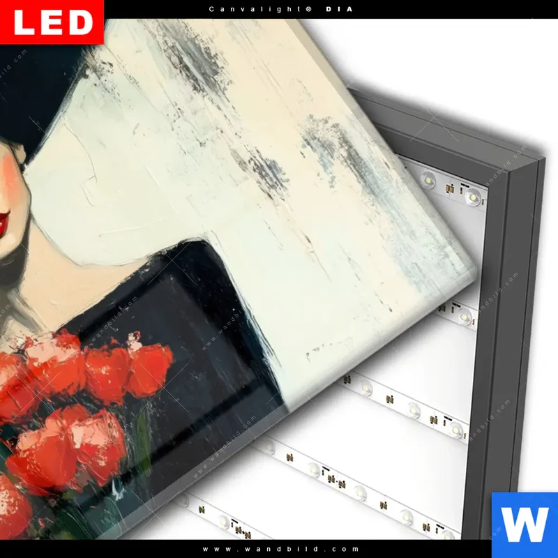 Wechselmotiv Acrylglas Canvalight® DIA | Dame mit roten Tulpen | Querformat