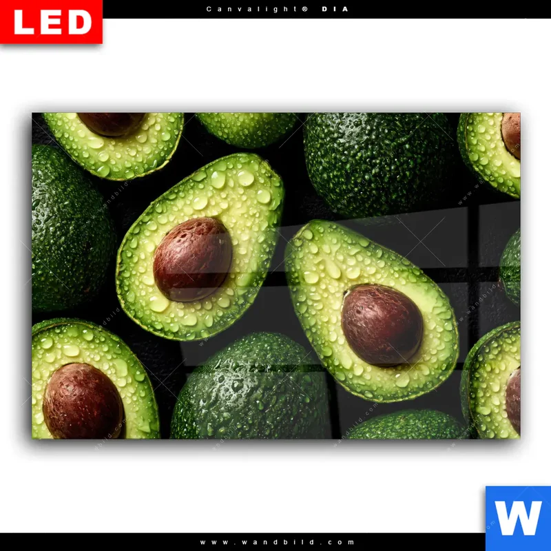 Wechselmotiv Acrylglas Canvalight® DIA | Avocados mit Wassertropfen | Querformat