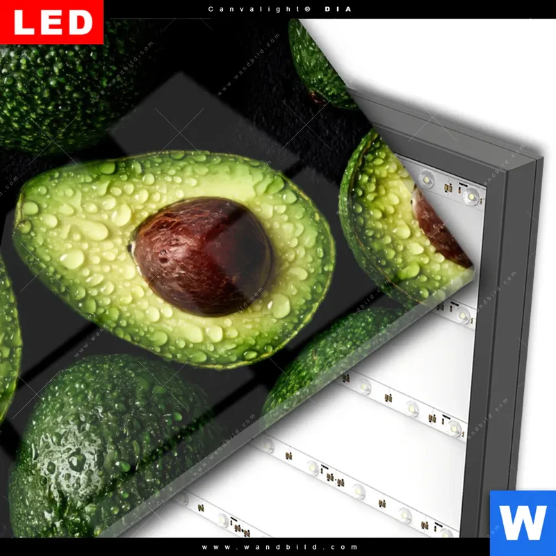 Wechselmotiv Acrylglas Canvalight® DIA | Avocados mit Wassertropfen | Querformat