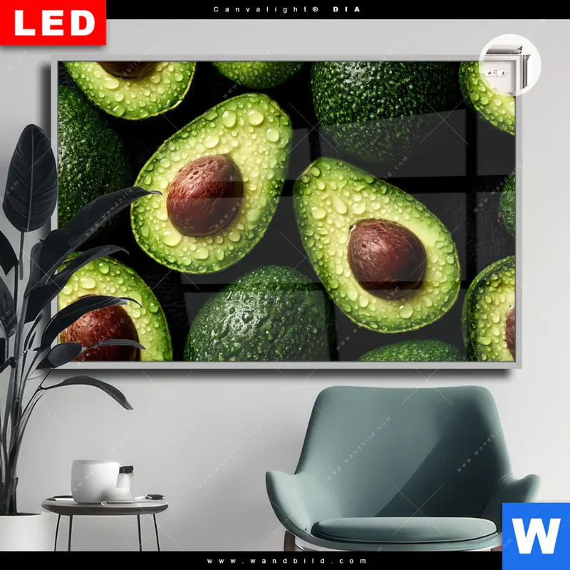 Leuchtbild Acrylglas Canvalight® DIA | Avocados mit Wassertropfen | Querformat
