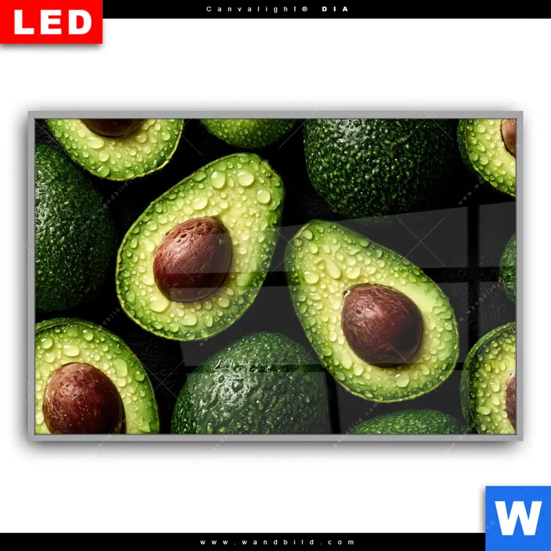 Leuchtbild Acrylglas Canvalight® DIA | Avocados mit Wassertropfen | Querformat