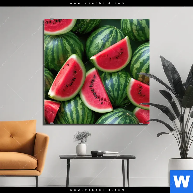 Aluminiumbild gebürstet | Wassermelonen - Rubinrote Verführung | Quadrat