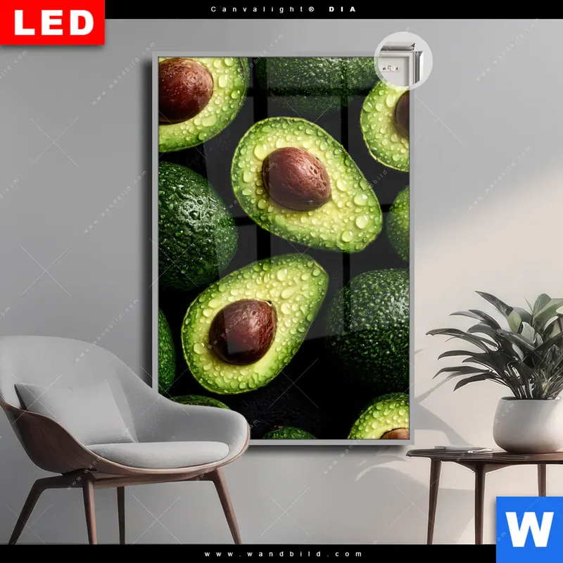 Leuchtbild Acrylglas Canvalight® DIA | Avocados mit Wassertropfen | Hochformat