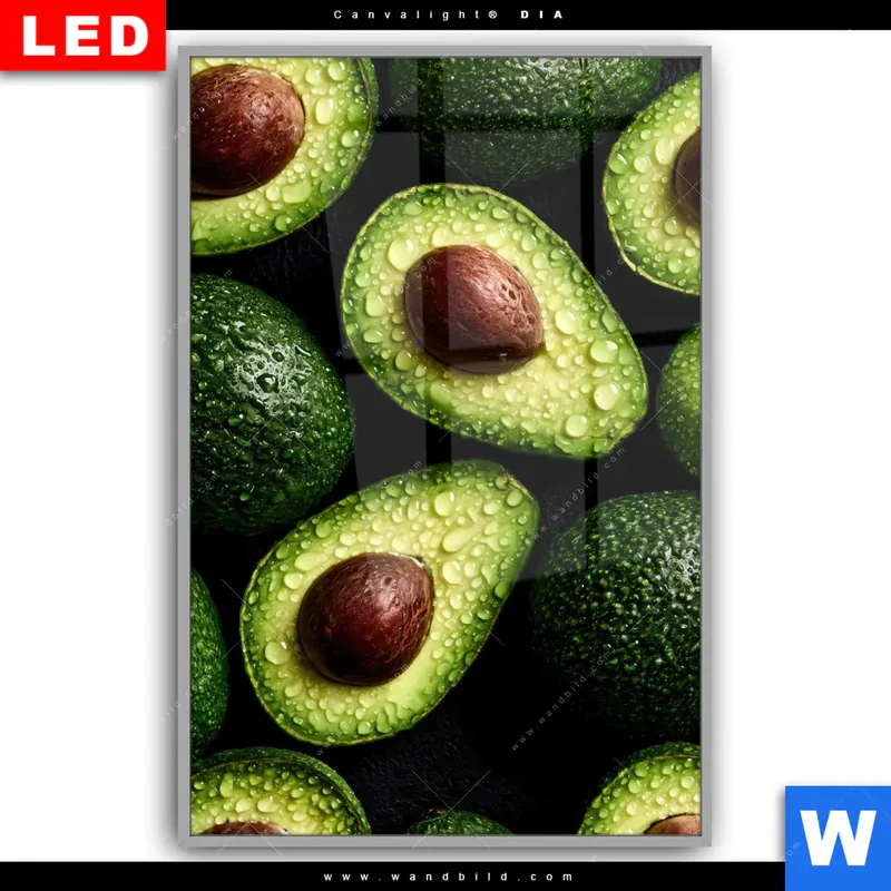 Leuchtbild Acrylglas Canvalight® DIA | Avocados mit Wassertropfen | Hochformat