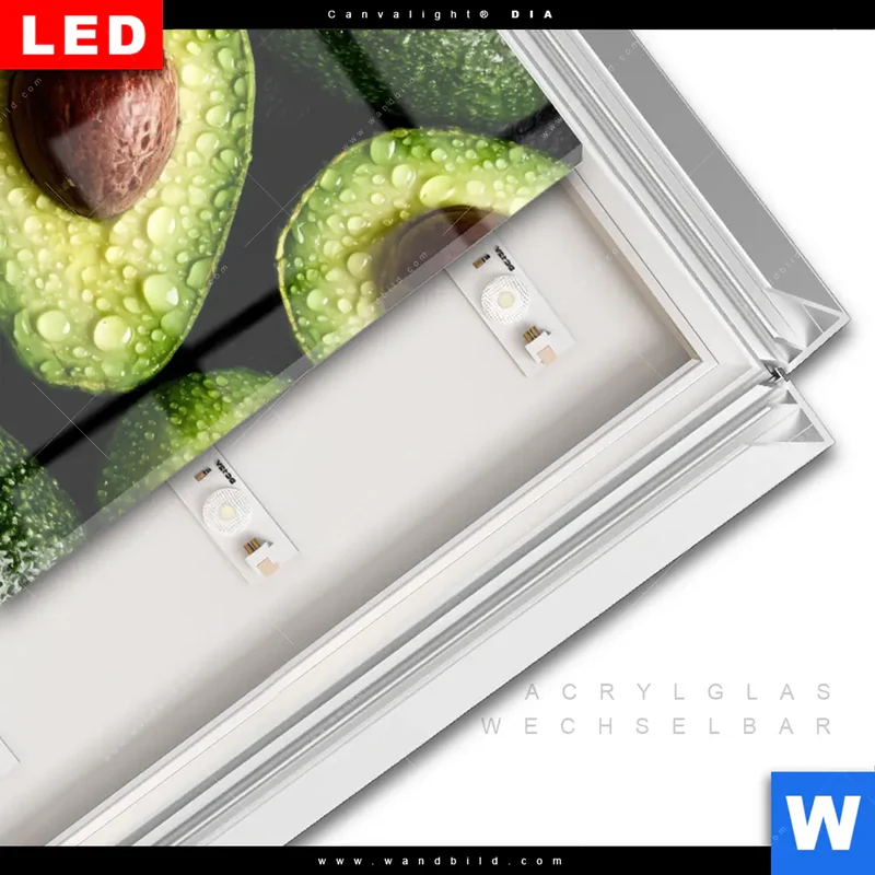 Leuchtbild Acrylglas Canvalight® DIA | Avocados mit Wassertropfen | Hochformat