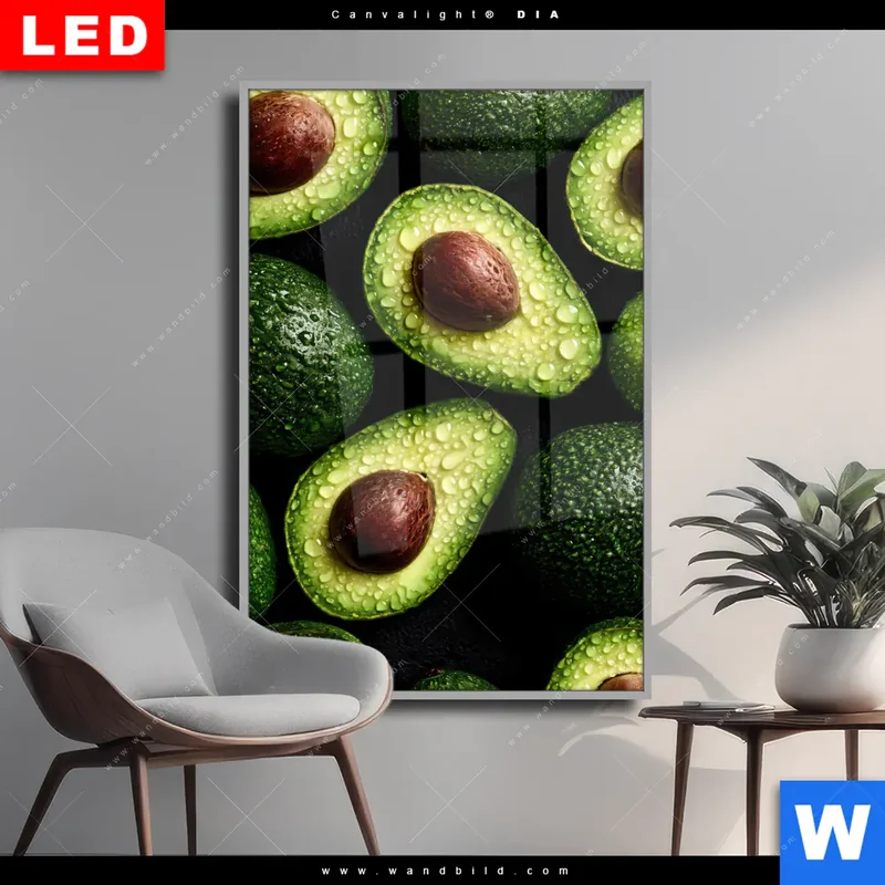 Wechselmotiv Acrylglas Canvalight® DIA | Avocados mit Wassertropfen | Hochformat
