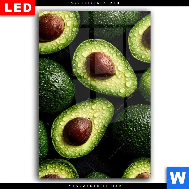 Wechselmotiv Acrylglas Canvalight® DIA | Avocados mit Wassertropfen | Hochformat