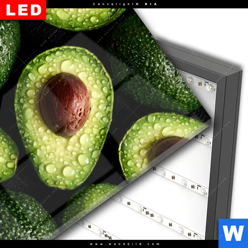 Wechselmotiv Acrylglas Canvalight® DIA | Avocados mit Wassertropfen | Hochformat