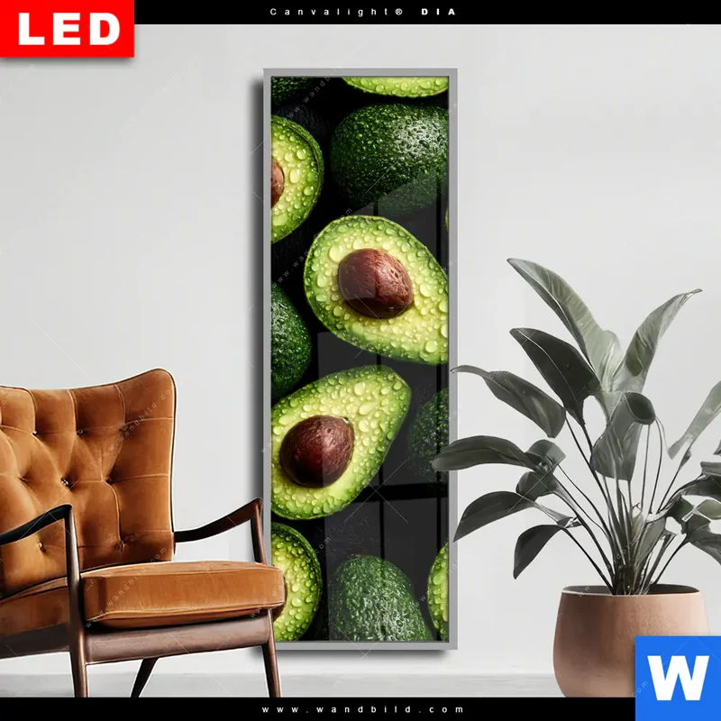 Wechselmotiv Acrylglas Canvalight® DIA | Avocados mit Wassertropfen | Schmal