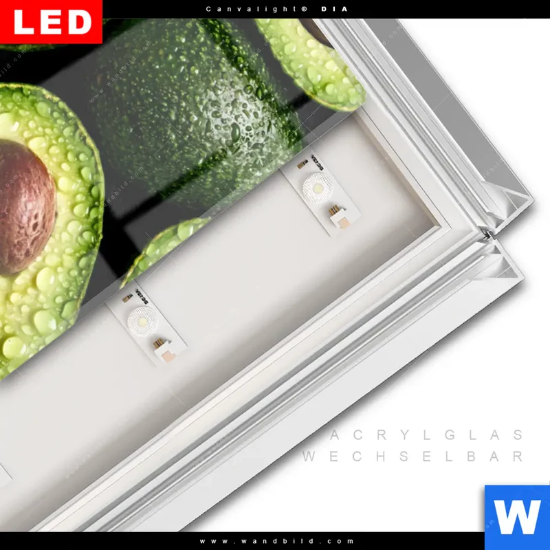 Leuchtbild Acrylglas Canvalight® DIA | Avocados mit Wassertropfen | Schmal