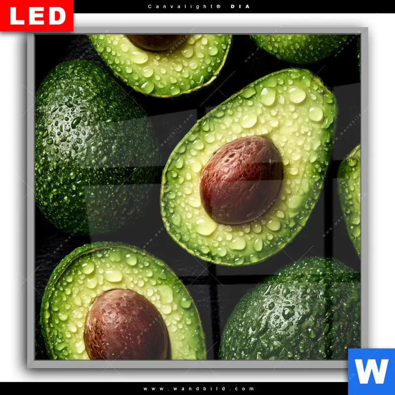 Leuchtbild Acrylglas Canvalight® DIA | Avocados mit Wassertropfen | Quadrat