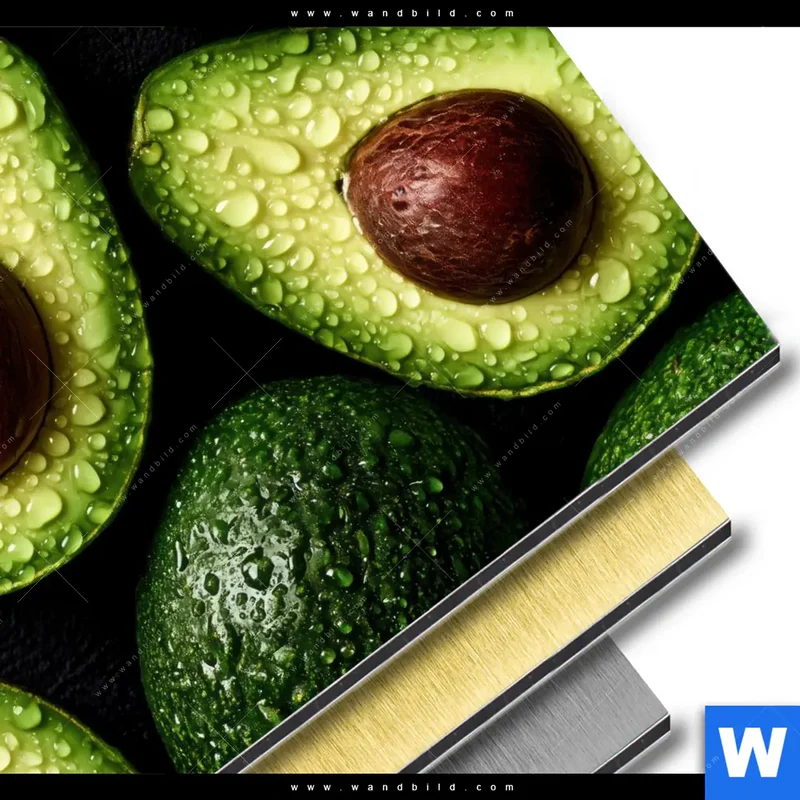 Aluminiumbild gebürstet | Avocados mit Wassertropfen | Rund