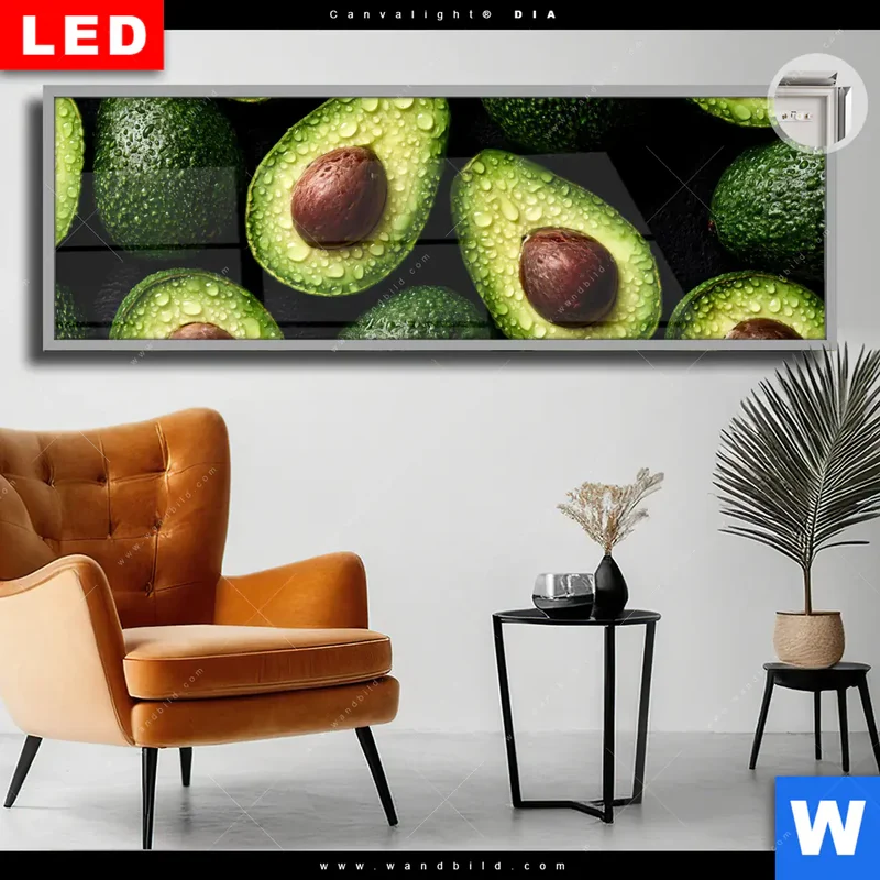Leuchtbild Acrylglas Canvalight® DIA | Avocados mit Wassertropfen | Panorama