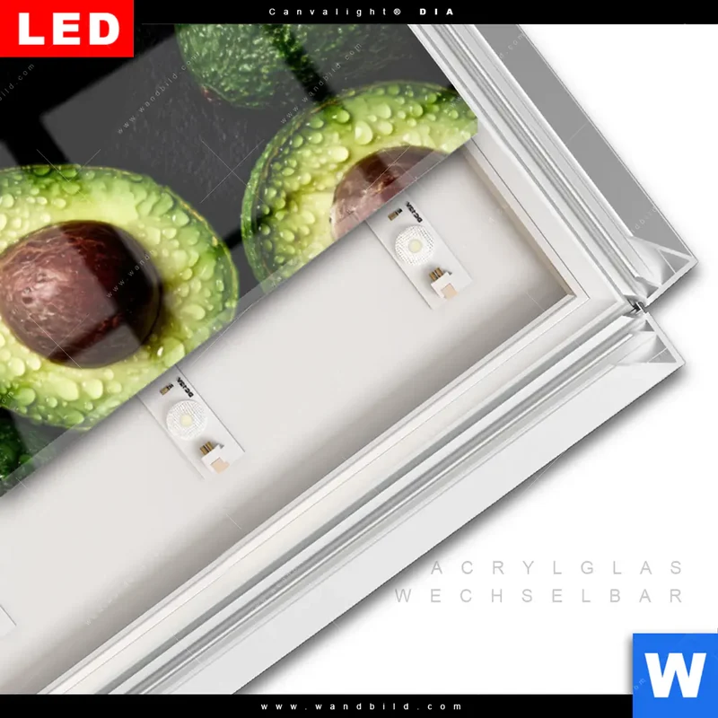 Leuchtbild Acrylglas Canvalight® DIA | Avocados mit Wassertropfen | Panorama