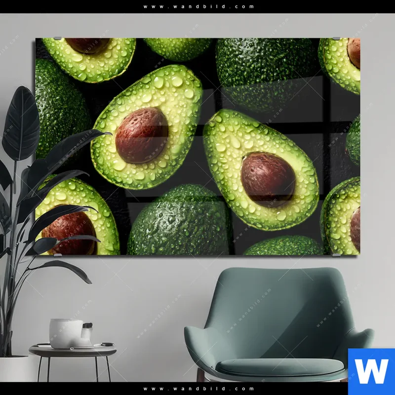Acrylglasbild | Avocados mit Wassertropfen | Querformat