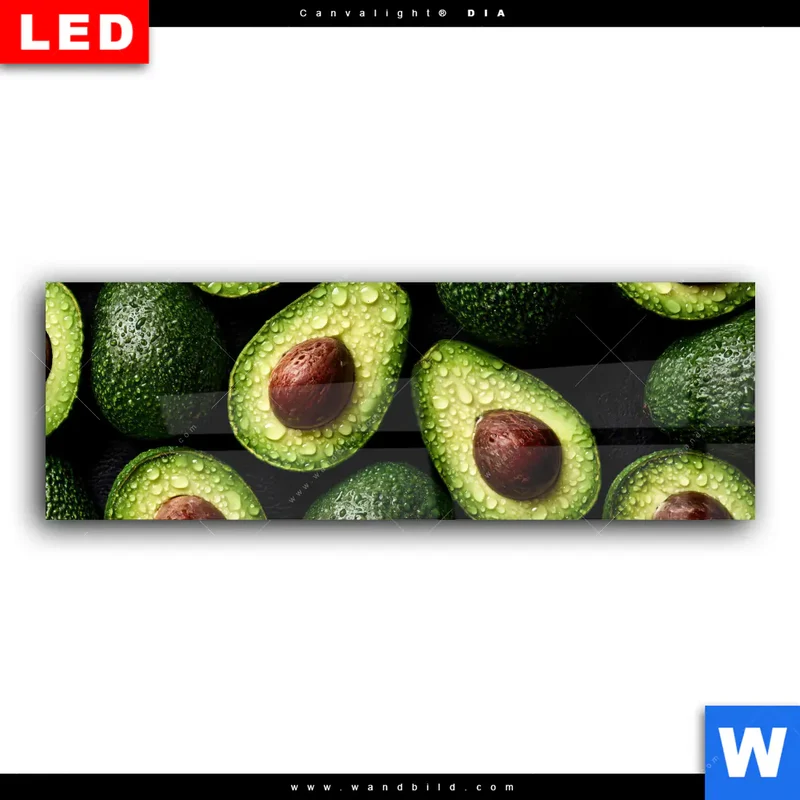 Wechselmotiv Acrylglas Canvalight® DIA | Avocados mit Wassertropfen | Panorama